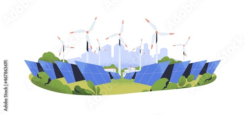 Solar and wind power plant. Renewable green electric energy station with cell panels and windmills for clean sustainable electricity generation. Flat vector illustration isolated on white background