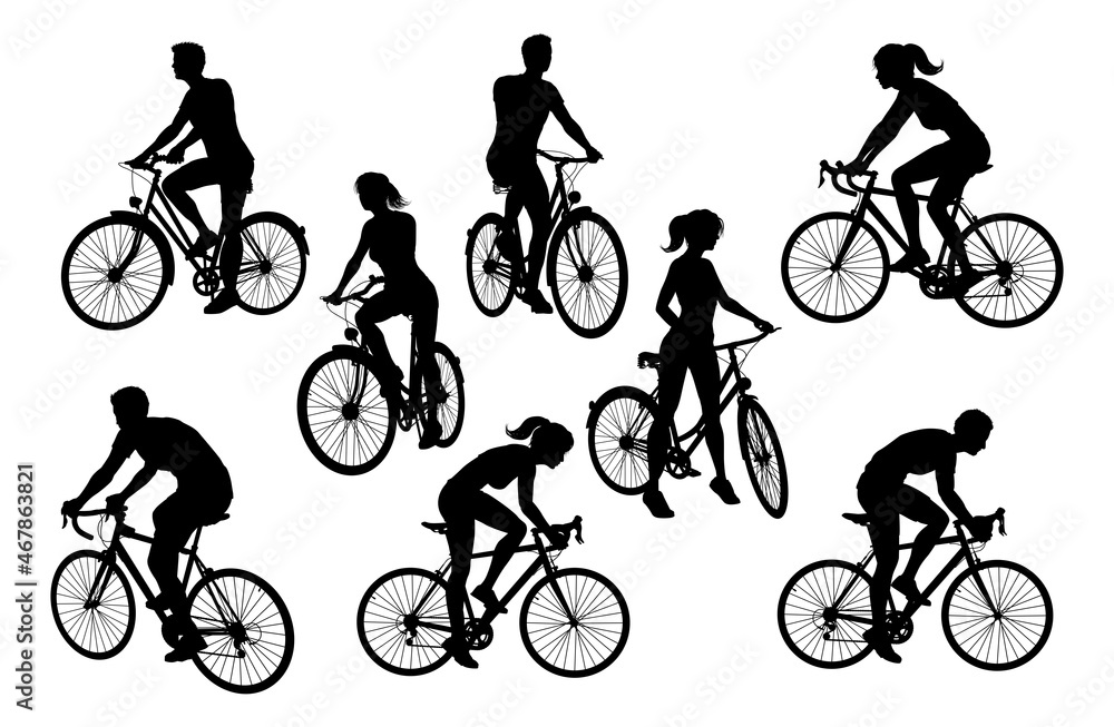 Obraz premium Bicycle Riding Bike Cyclists Silhouettes Set