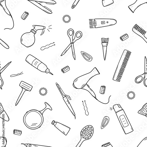 Seamless pattern of hairdressing elements. Vector illustration of doodle icons background, wallpaper. The concept of a hairdressing salon and a beauty salon.