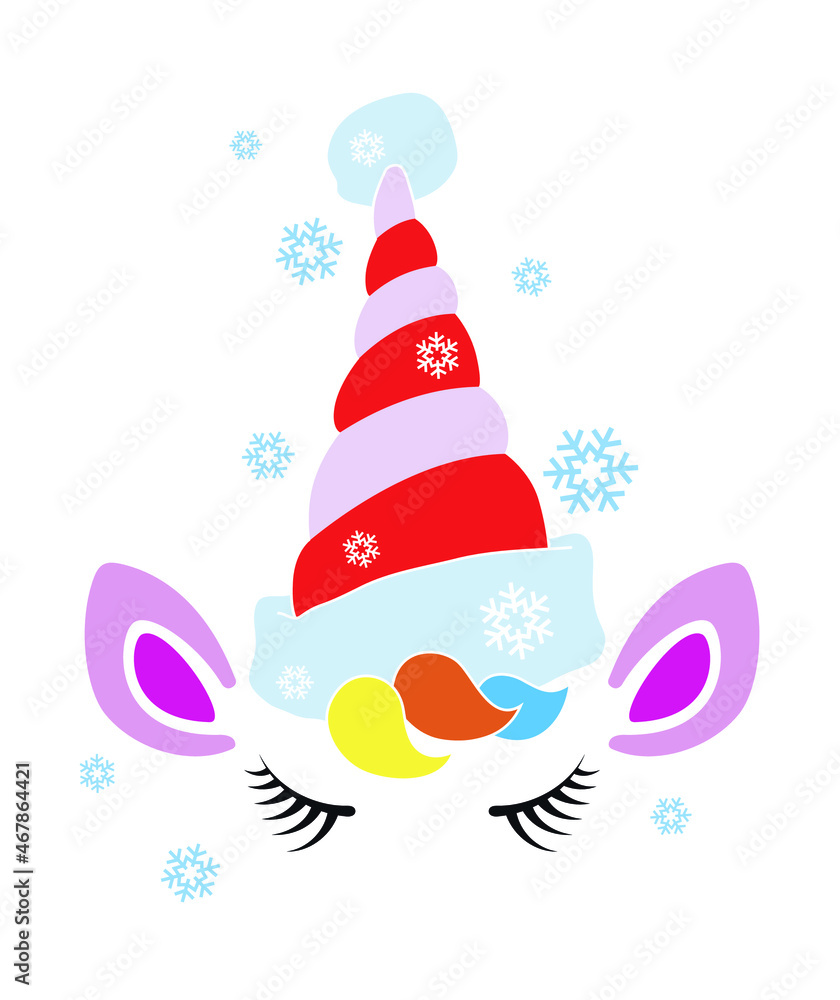Unicorn face with christmas hat and snowflakes Unicorn face with christmas hat and snowflakes