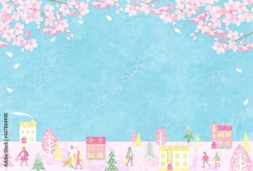 春の桜と街並みと人々のベクターイラスト背景