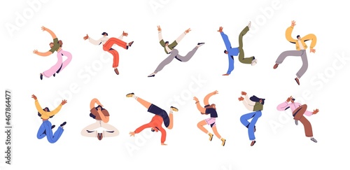 Happy energetic people in free poses set. Youth and freedom concept. Young positive men and women flying  dancing and jumping with fun and joy. Flat vector illustration isolated on white background