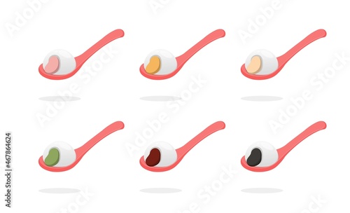 6 kinds of colorful glutinous rice balls and spoons, glutinous rice desserts, Chinese and Taiwanese festivals: Lantern Festival or Winter Solstice, cartoon comic vector illustration