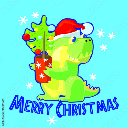 Christmas greeting with cute tyrannosaurus rex with christmas tree