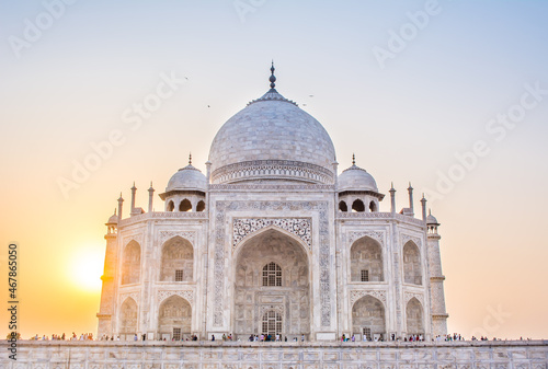 The Taj Mahal is an ivory-white marble mausoleum on the bank of the Yamuna river in the city of Agra, Uttar Pradesh.