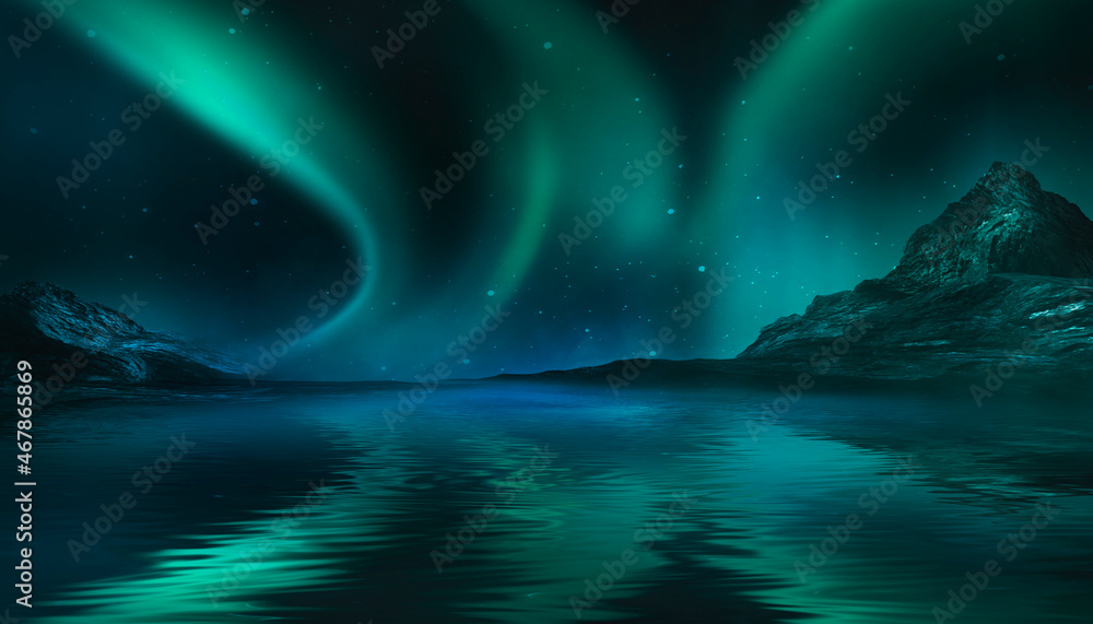Night polar fantasy landscape with northern lights. Neon sunset, northern lights, night seascape. Islands, starry sky. Dark natural scene with light reflection in water. 3D illustration. 