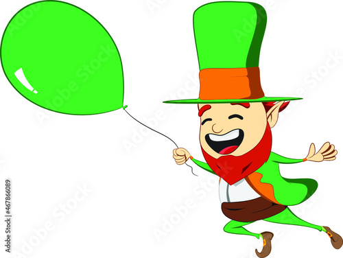 Saint Patricks Day leprechaun character. Running with a green balloon in hand. Green suite leprechaun celebrating Irish festival.