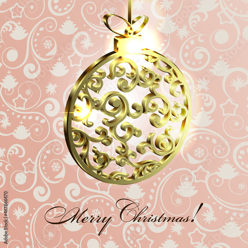 Golden ball with a pattern on a pendant  gorgeous Christmas card with festive elements