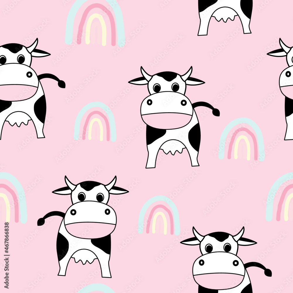 Obraz premium Cute cows seamless pattern vector, design for world milk day, kids, decorating, wallpaper, wrapping paper, fabric, backdrop 