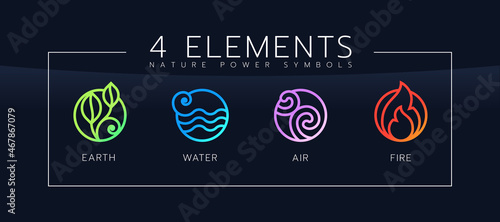 4 elements of nature power symbols with line bolder abstract circle earth, water, air and fire sign vector design photo