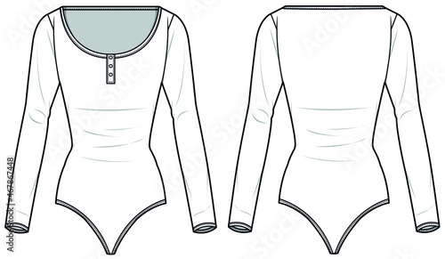 Women Long Sleeve Henley Neck Bodysuit Front and Back View. fashion illustration, vector, CAD, technical drawing, flat drawing.	