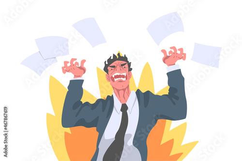 Furious Chief Screaming and Yelling in Anger with Burning Flame Behind Vector Illustration