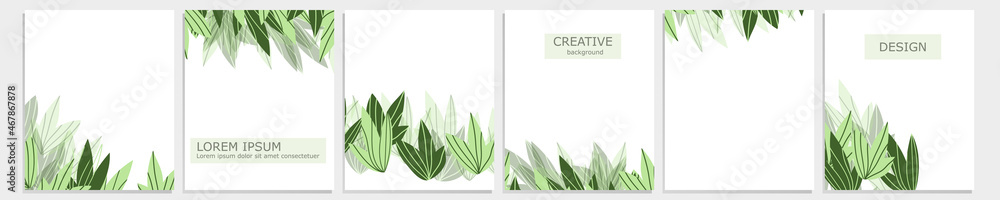 Set of vector cover notebook design. Abstract floral template design with green leaves on white background for notebook paper, copybook brochures, book, magazine. Planner and diary cover for print Set of vector cover notebook design. Abstract floral template design with green leaves on white background for notebook paper, copybook brochures, book, magazine. Planner and diary cover for print