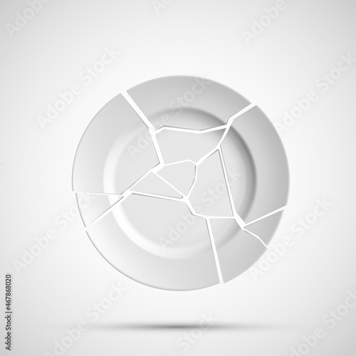 White porcelain plate is broken into many shards