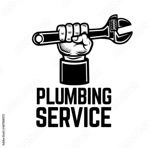 Plumbing service. Hand with plumbing wrench. Design element for logo, label, sign. Vector illustration