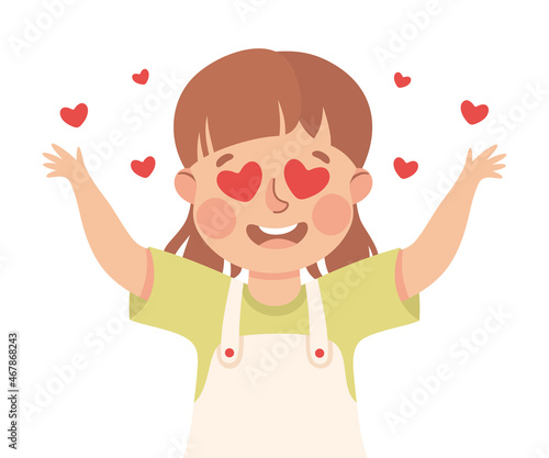 Little Girl Demonstrating Facial Expression and Emotion of Love with Heart in Eyes Vector Illustration