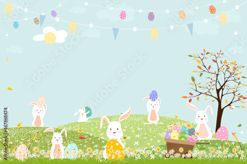 Spring field with bunny hunting Easter eggs,Vector Cute cartoon rabbits and hunny bees flying in grass field. Spring or Summer time banner with copy space for easter greeting card