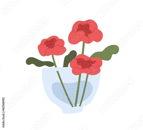 Rose flowers in glass vase. Floral bouquet of blossomed buds of cut garden plants with lush petals. Posy of elegant fresh blooms with leaves. Flat vector illustration isolated on white background