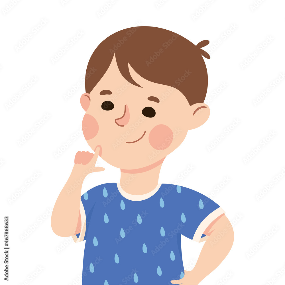Little Boy Demonstrating Facial Expression and Emotion of Idea Having with His Finger at His Chin Vector Illustration Little Boy Demonstrating Facial Expression and Emotion of Idea Having with His Finger at His Chin Vector Illustration
