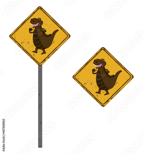 фотографія Square road sign of a brown crocodile dinosaur with big teeth
