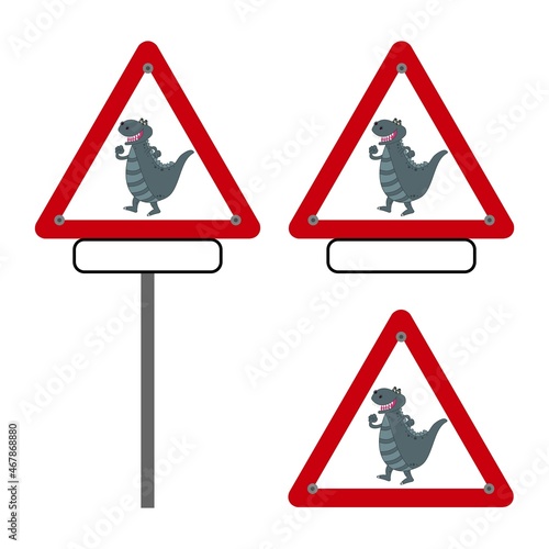 фотографія Crocodile dinosaur danger road sign on white and red background