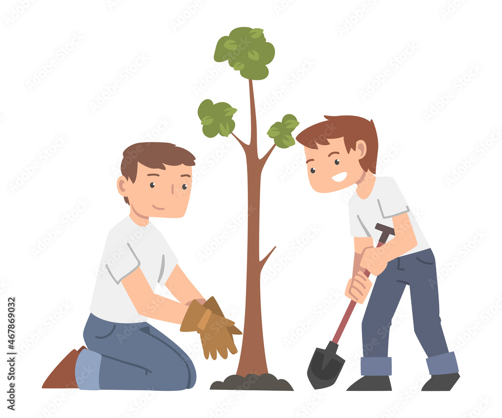 Little Boy with Shovel Engaged in School Gardening Planting Tree Vector Illustration Little Boy with Shovel Engaged in School Gardening Planting Tree Vector Illustration