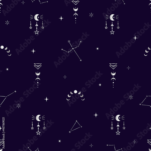 Seamles pattern with celestial bodies: stars, constellation, moon. Space insects. Vector illustration with gradient on a dark background. Magic and withcy signs
