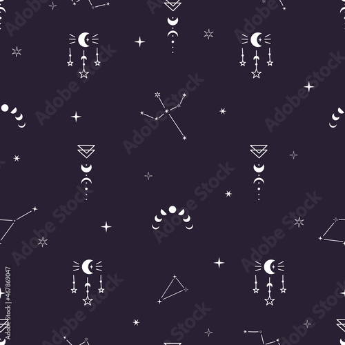 Seamles pattern with celestial bodies: stars, constellation, moon. Space insects. Vector illustration on a dark background. Magic and withcy signs