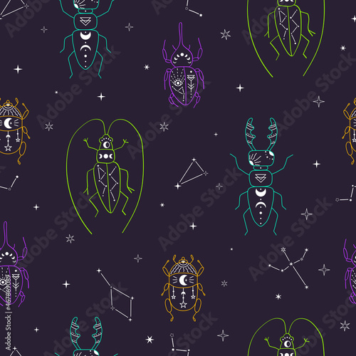 Seamles pattern with celestial bodies: stars, constellation, moon. Space insects. Vector illustration on a dark background. Magic and withcy signs
