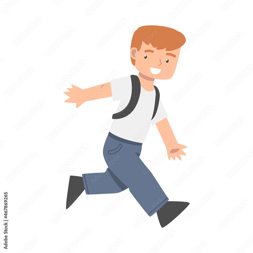 Little Boy with Backpack Running and Laughing Vector Illustration