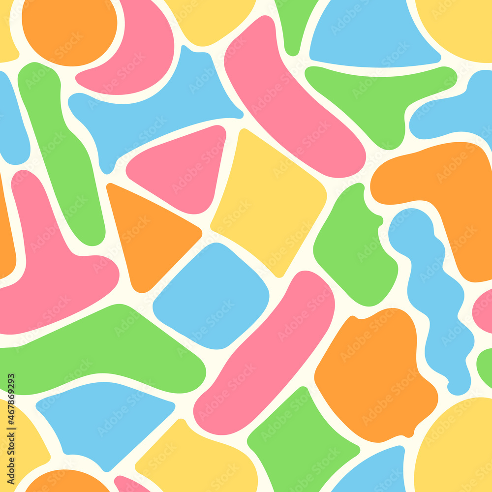 Seamless pattern of multicolored spots, abstract geometric shapes, variegated blots. Vector illustration