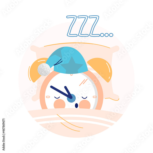 Funny Clock Character in Night Cap Sleeping and Snoring in Bed on Pillow Vector Illustration