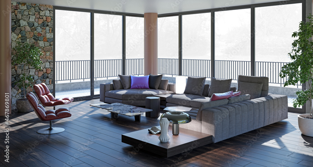 Illustration 3D rendering large luxury modern bright interiors Living room mockup computer digitally generated image Illustration 3D rendering large luxury modern bright interiors Living room mockup computer digitally generated image
