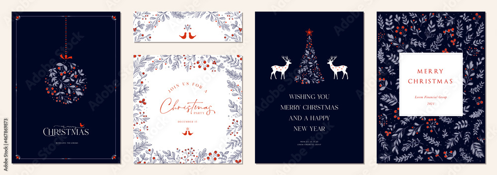 Luxury Corporate Holiday cards with Christmas tree, Christmas ornament, reindeers, birds, decorative ornate frame, background and copy space. Universal artistic templates. - obrazy, fototapety, plakaty 