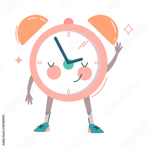 Funny Clock Character with Smiling Face Waving Hand Vector Illustration