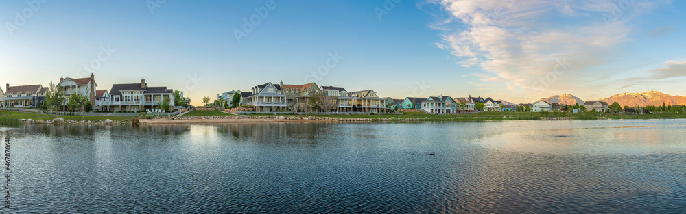 Panoramic view of Oquirrh Lake with reflective water at Daybreak, Utah Panoramic view of Oquirrh Lake with reflective water at Daybreak, Utah