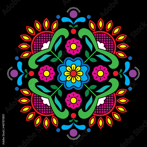 Norwegian traditional folk art Bunad pattern - Rosemaling style embroidery with flowers on black background
 