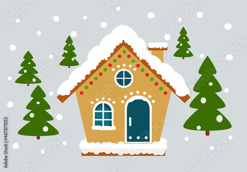 Gingerbread house. Festive food, New Year's sweets. Winter illustration