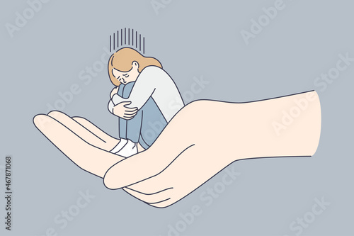 Helping hand and depression concept. Huge human hand holding tiny sitting depressed unhappy sad woman over grey background vector illustration 