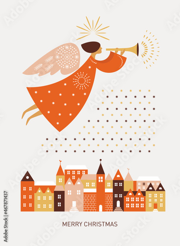 Christmas card. Flying Christmas angel  over town