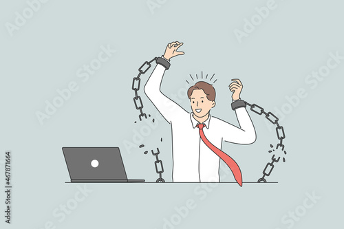 Freedom and breaking fetter concept. Young positive businessman worker sitting in office at laptop breaking fetters feeling free vector illustration 