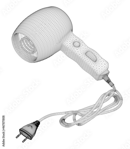 Hair dryer wireframe made of black lines isolated on white background. 3D. Vector illustration