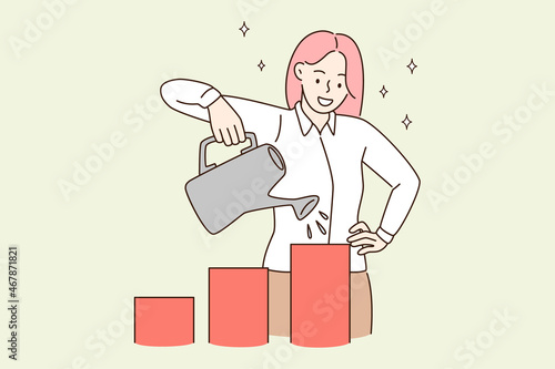 Business success and development concept. Young smiling woman cartoon character standing watering growing cubes with watering can vector illustration 