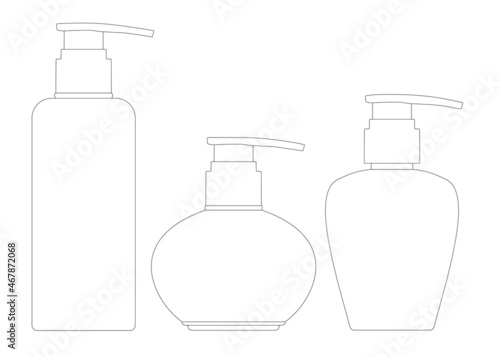Set with contours of bottles for liquid soap from black lines Isolated on a white background. Vector illustration
