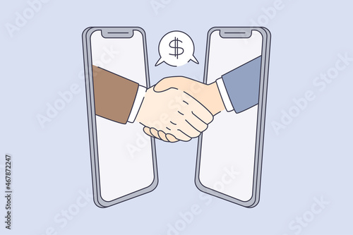 Online business deal and collaboration concept. hands of two businessmen partners making handshake after successful online deal vector illustration 