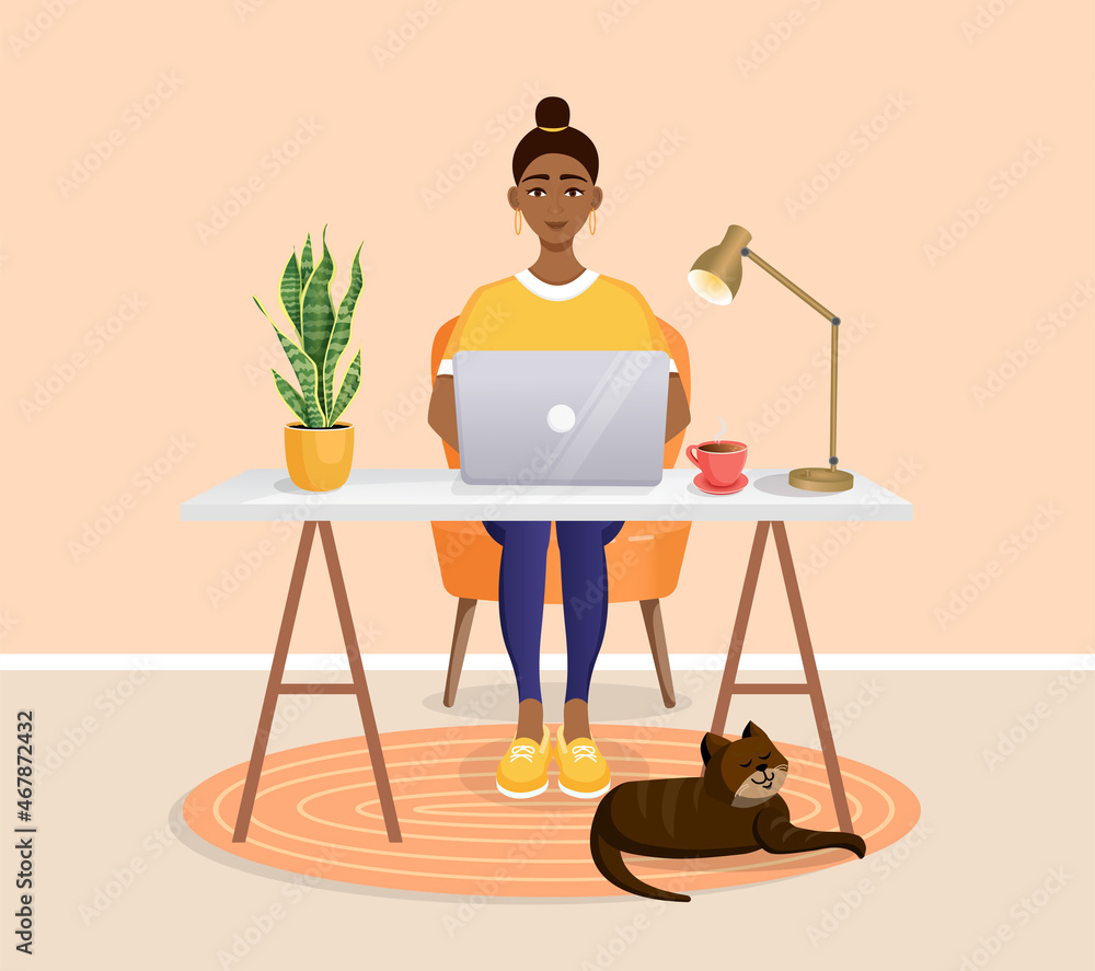 Woman sits at a table, works at home at a computer. Remote work, freelance, home office, programming, training. Cozy working interior with a cat. Vector illustration.