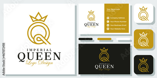 Initial Letter Q Crown Gold Luxury Elegant Classic Vintage Logo Design with Business Card Template