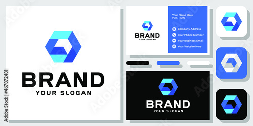 Hexagon Arrow Forward Success Up Startup 3d Blue Modern Logo Design with Business Card Template
