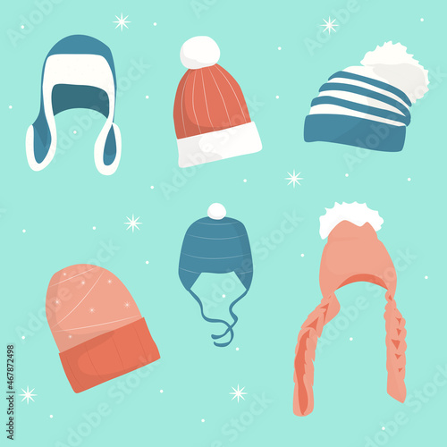 Cute winter doodle set with knitted hat and mittens on a colored background.