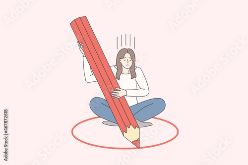 Personal boundaries and loneliness concept. Young frustrated woman cartoon character sitting in small red circle drawing with pencil feeling not free vector illustration 
